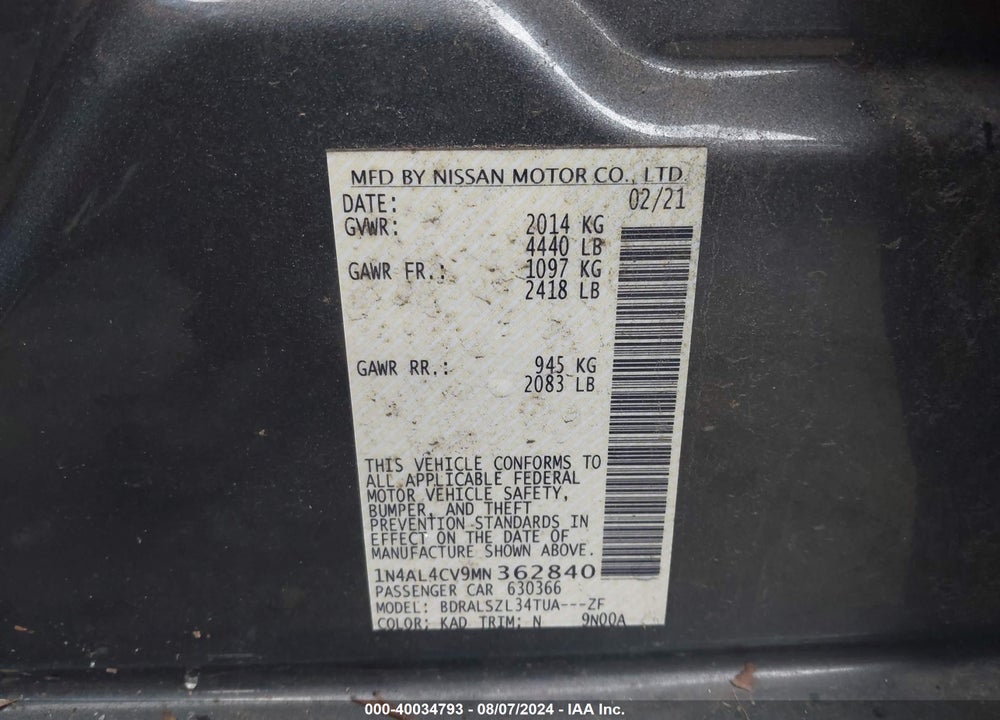 2021 NISSAN ALTIMA SR VC-TURBO FWD VIN: 1N4AL4CV9MN362840