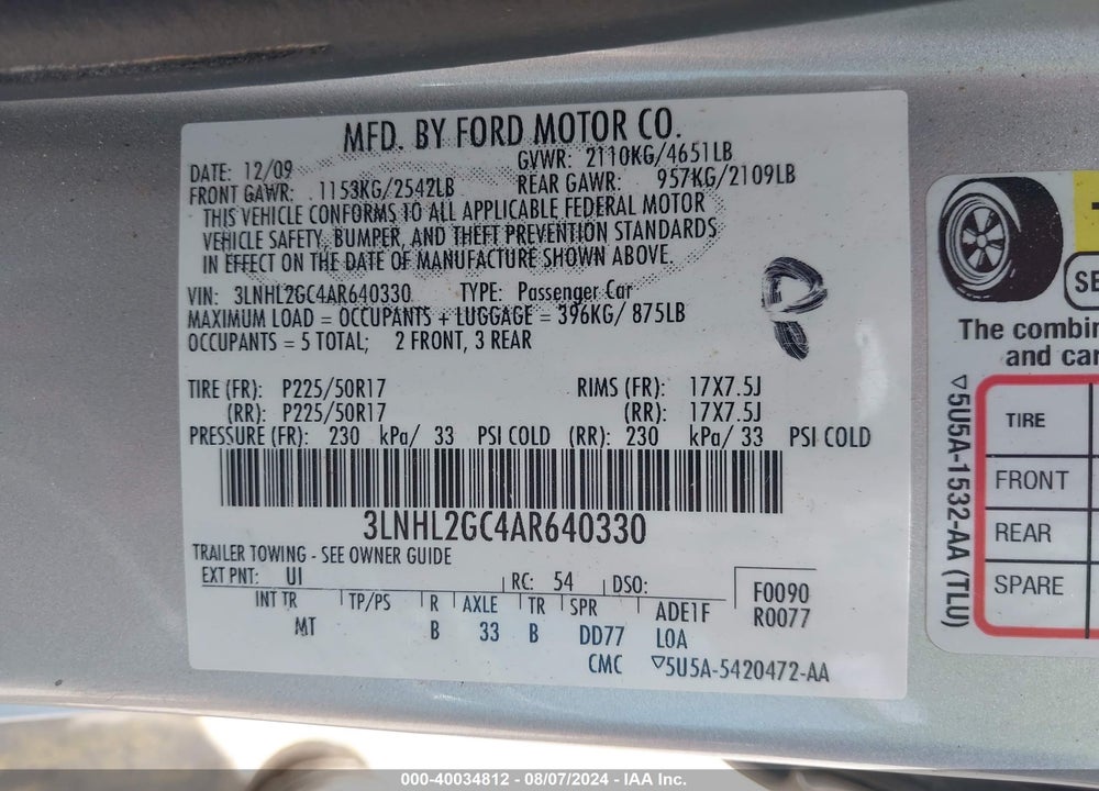 2010 LINCOLN MKZ VIN: 3LNHL2GC4AR640330