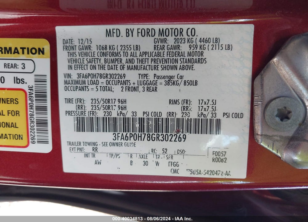 2016 FORD FUSION SE VIN: 3FA6P0H78GR302269