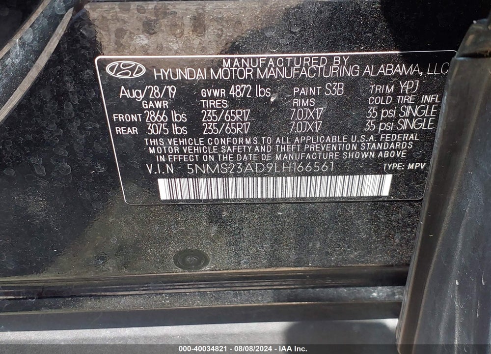 2020 HYUNDAI SANTA FE SE VIN: 5NMS23AD9LH166561