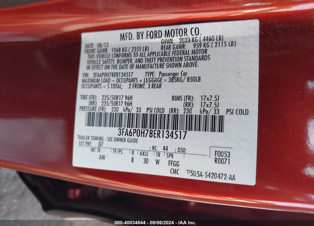 2014 FORD FUSION SE VIN: 3FA6P0H78ER134517