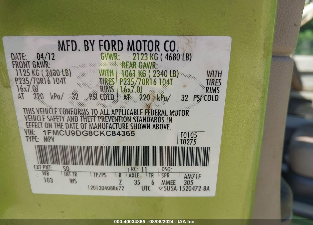 2012 FORD ESCAPE XLT VIN: 1FMCU9DG8CKC84365