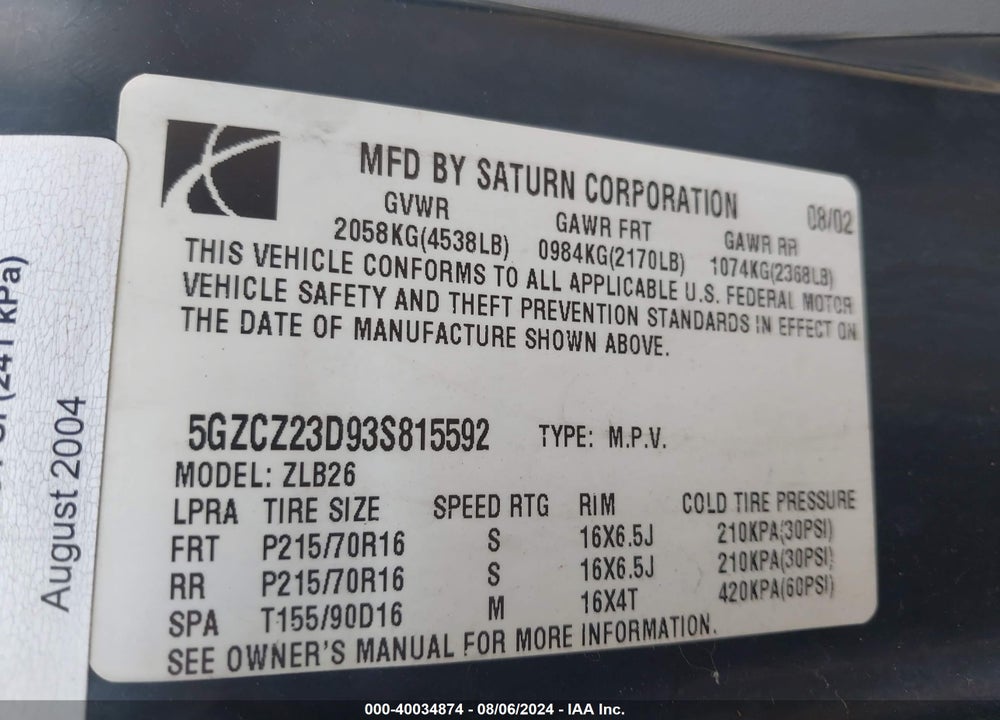 2003 SATURN VUE VIN: 5GZCZ23D93S815592