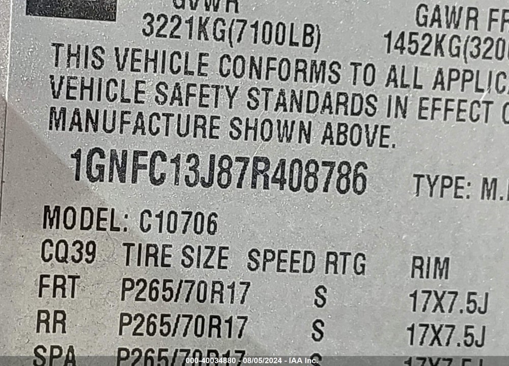 2007 CHEVROLET TAHOE LT VIN: 1GNFC13J87R408786
