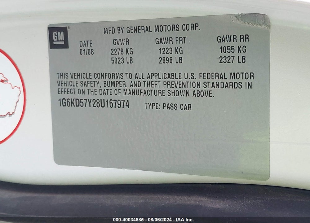 2008 CADILLAC DTS VIN: 1G6KD57Y28U167974