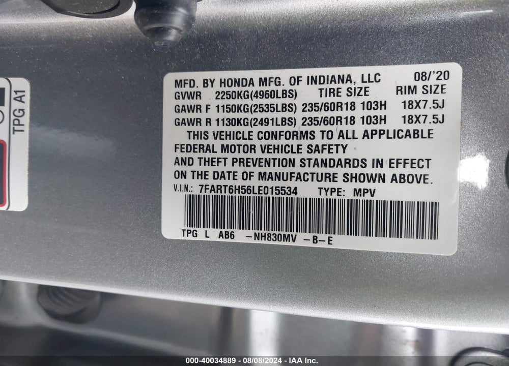 2020 HONDA CR-V HYBRID EX VIN: 7FART6H56LE015534