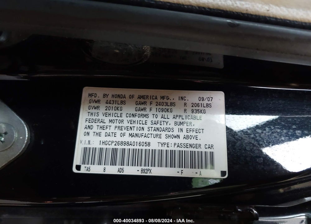 2008 HONDA ACCORD 2.4 EX-L VIN: 1HGCP26898A016058