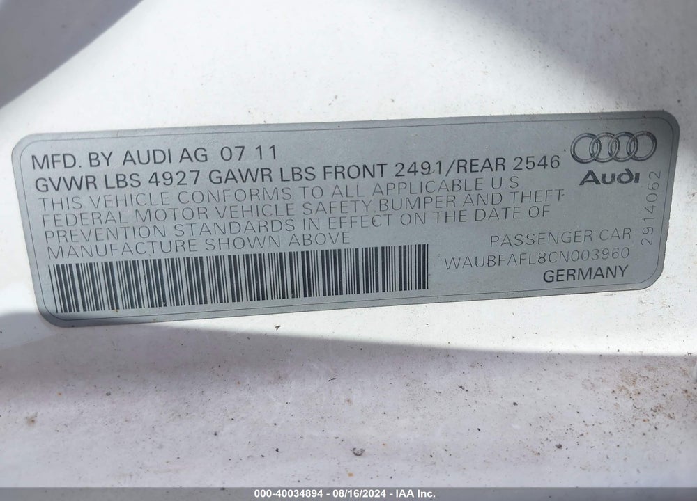 2012 AUDI A4 2.0T PREMIUM VIN: WAUBFAFL8CN003960