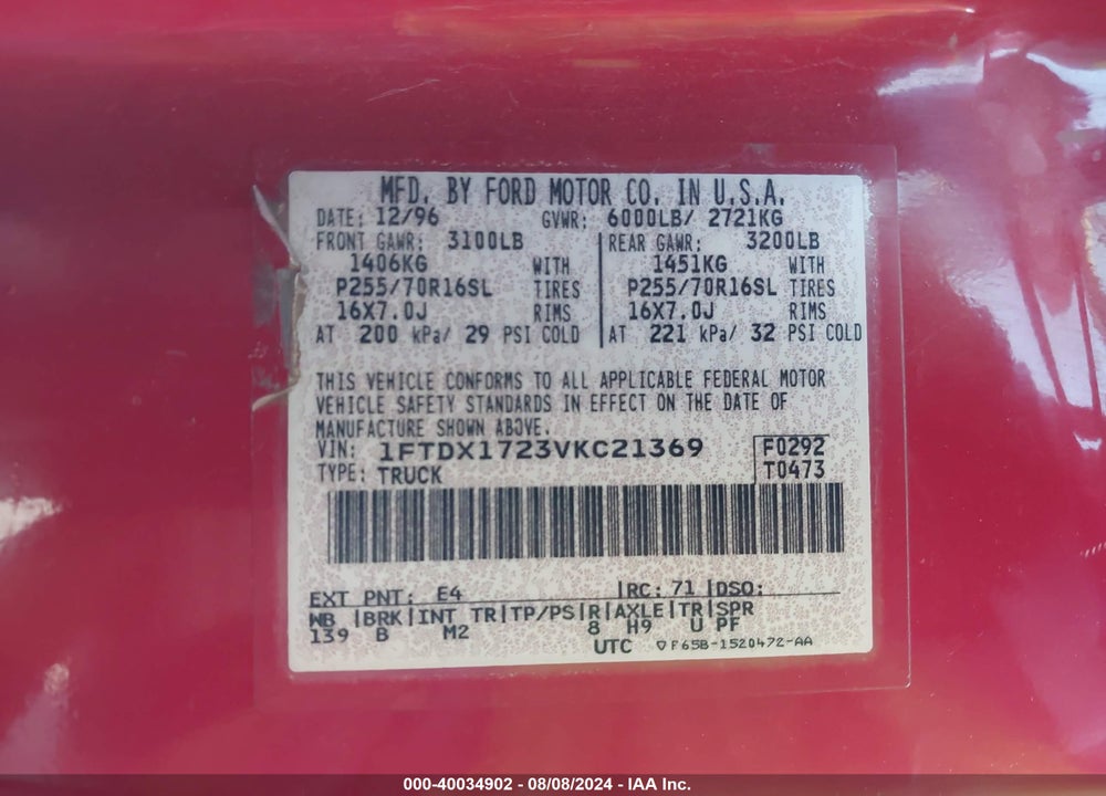 1997 FORD F-150 STANDARD/XL/XLT VIN: 1FTDX1723VKC21369