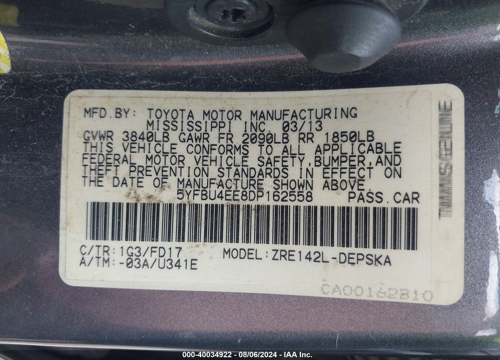 2013 TOYOTA COROLLA VIN: 5YFBU4EE8DP162558