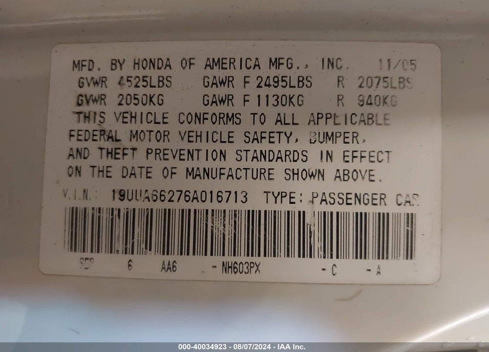 2006 ACURA TL VIN: 19UUA66276A016713