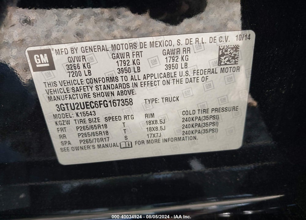 2015 GMC SIERRA 1500 SLE VIN: 3GTU2UEC6FG167358