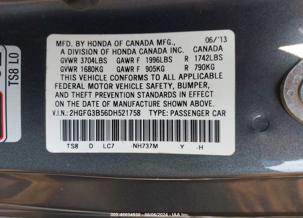 2013 HONDA CIVIC LX VIN: 2HGFG3B56DH521758