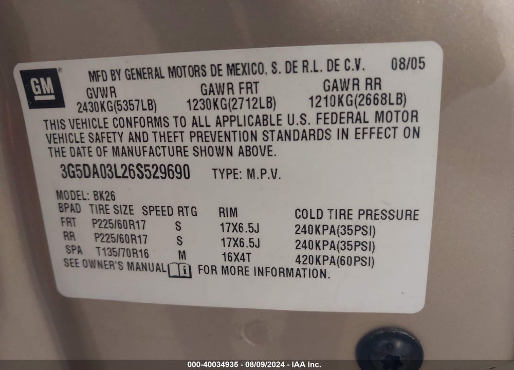 2006 BUICK RENDEZVOUS VIN: 3G5DA03L26S529690