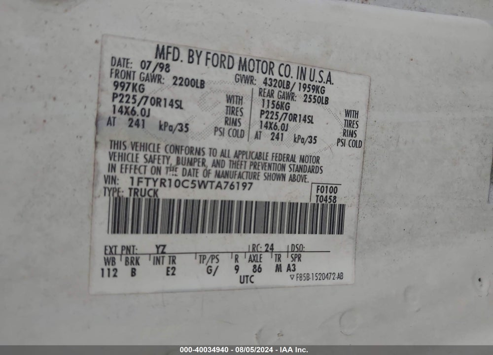 1998 FORD RANGER SPLASH/XL/XLT VIN: 1FTYR10C5WTA76197