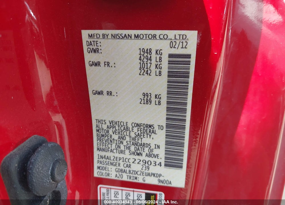 2012 NISSAN ALTIMA 2.5 S VIN: 1N4AL2EP1CC229034