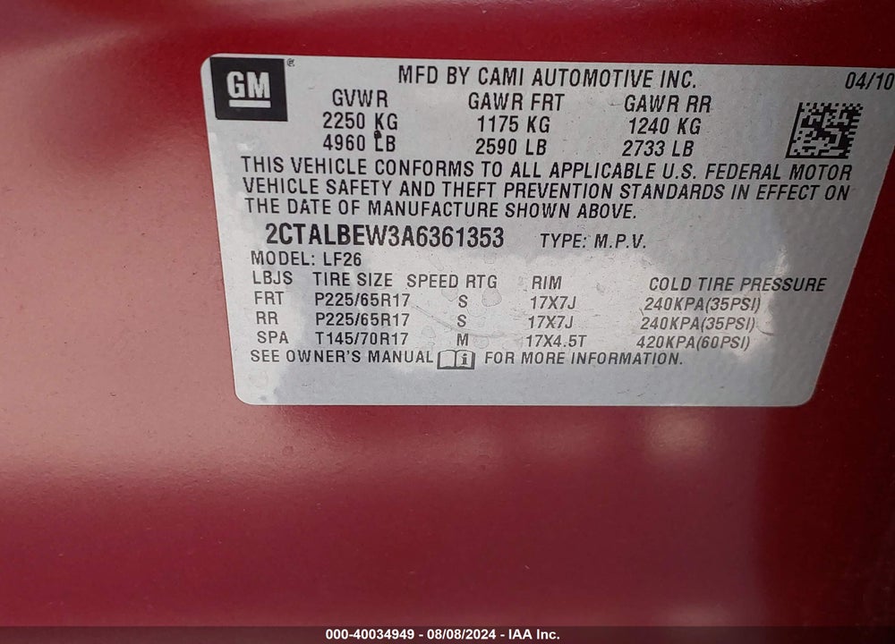 2010 GMC TERRAIN SLE-1 VIN: 2CTALBEW3A6361353