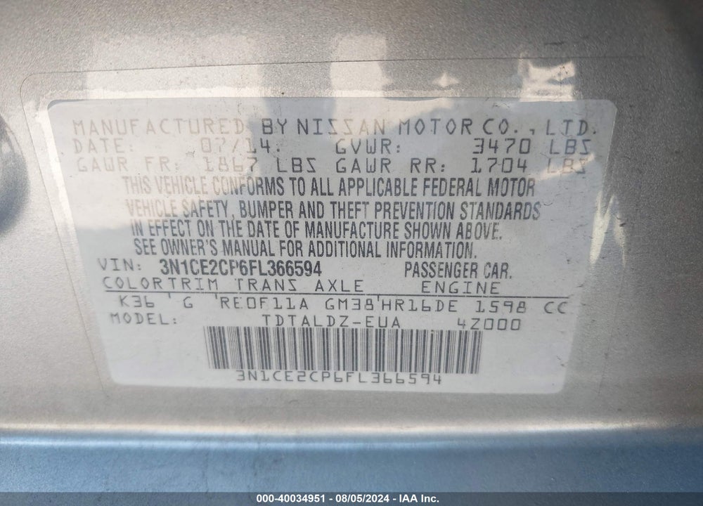 2015 NISSAN VERSA NOTE SV VIN: 3N1CE2CP6FL366594