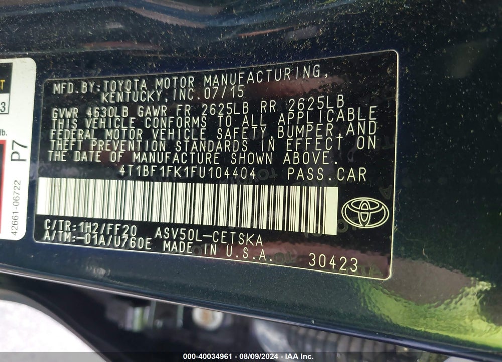 2015 TOYOTA CAMRY SE VIN: 4T1BF1FK1FU104404