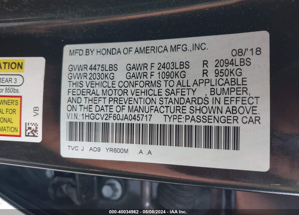 2018 HONDA ACCORD EX-L 2.0T VIN: 1HGCV2F60JA045717