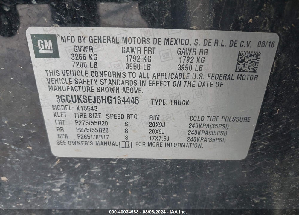 2017 CHEVROLET SILVERADO 1500 2LZ VIN: 3GCUKSEJ6HG134446