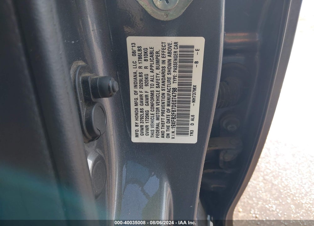 2013 HONDA CIVIC VIN: 19XFB2F87DE074798