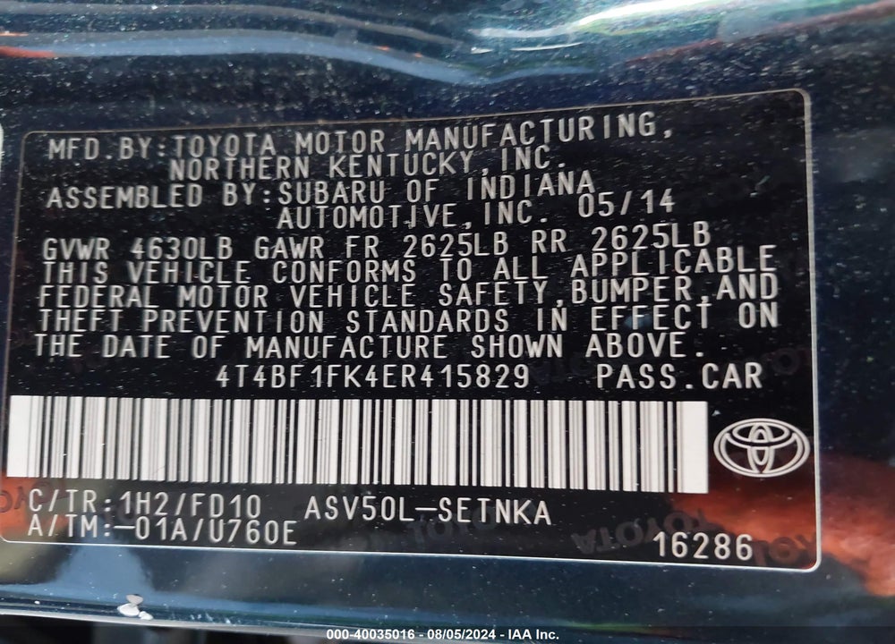 2014 TOYOTA CAMRY LE VIN: 4T4BF1FK4ER415829