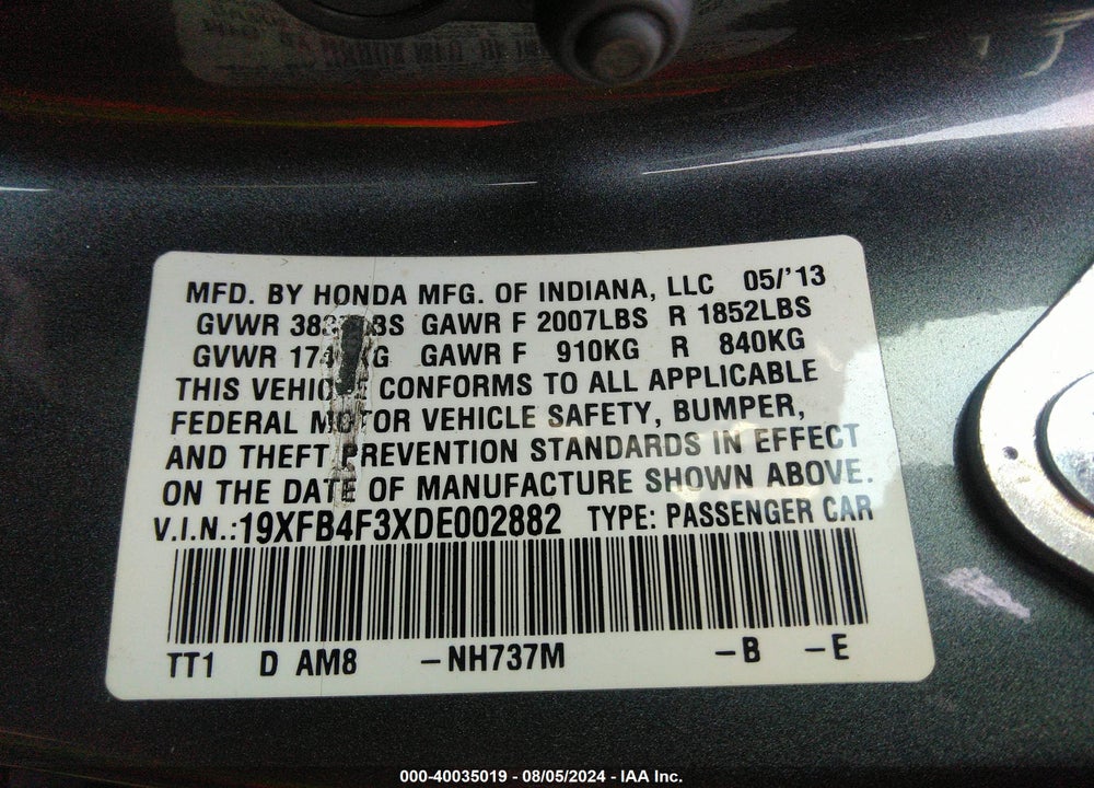 2013 HONDA CIVIC HYBRID VIN: 19XFB4F3XDE002882