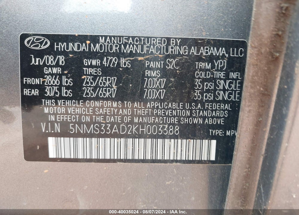 2019 HYUNDAI SANTA FE SEL VIN: 5NMS33AD2KH003388