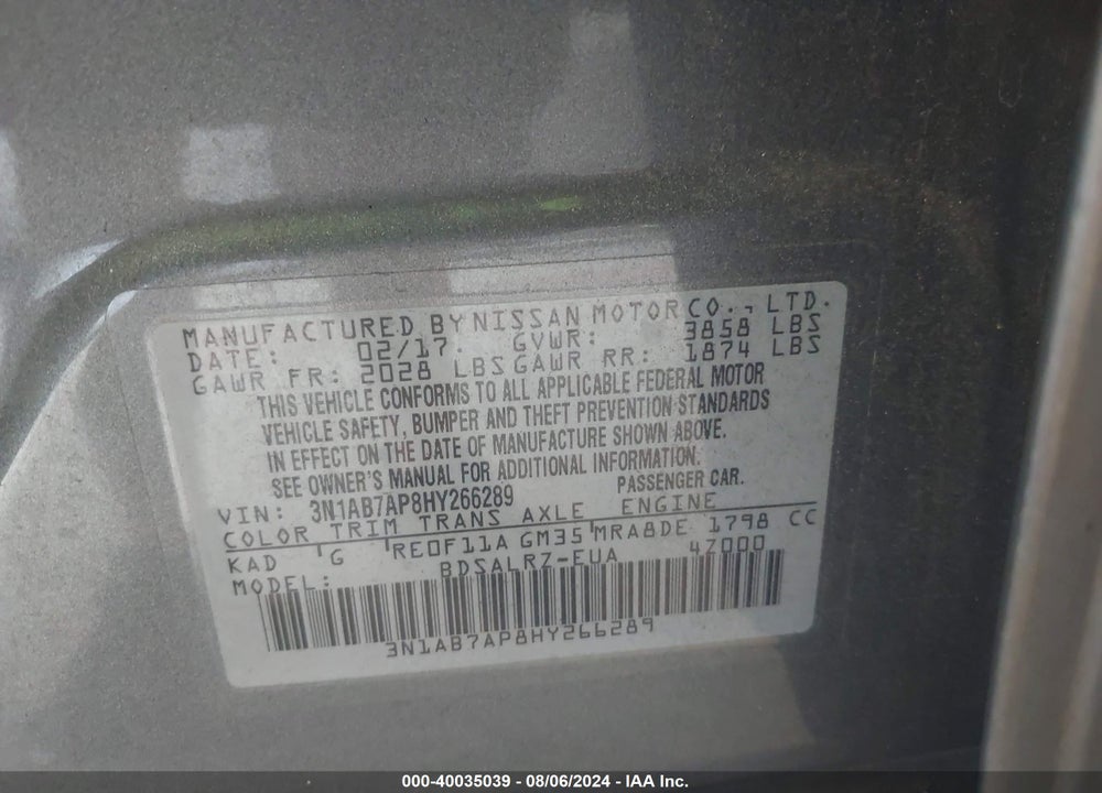 2017 NISSAN SENTRA SR VIN: 3N1AB7AP8HY266289