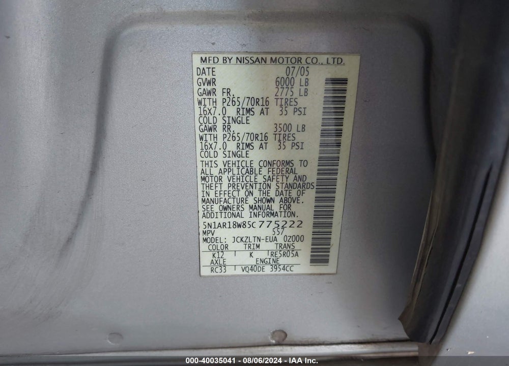 2005 NISSAN PATHFINDER SE VIN: 5N1AR18W85C775222
