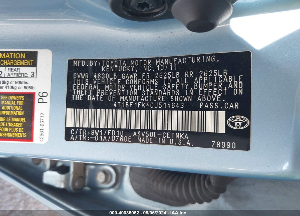 2012 TOYOTA CAMRY L/LE/SE/SE LIMITED EDITION/XLE VIN: 4T1BF1FK4CU514643