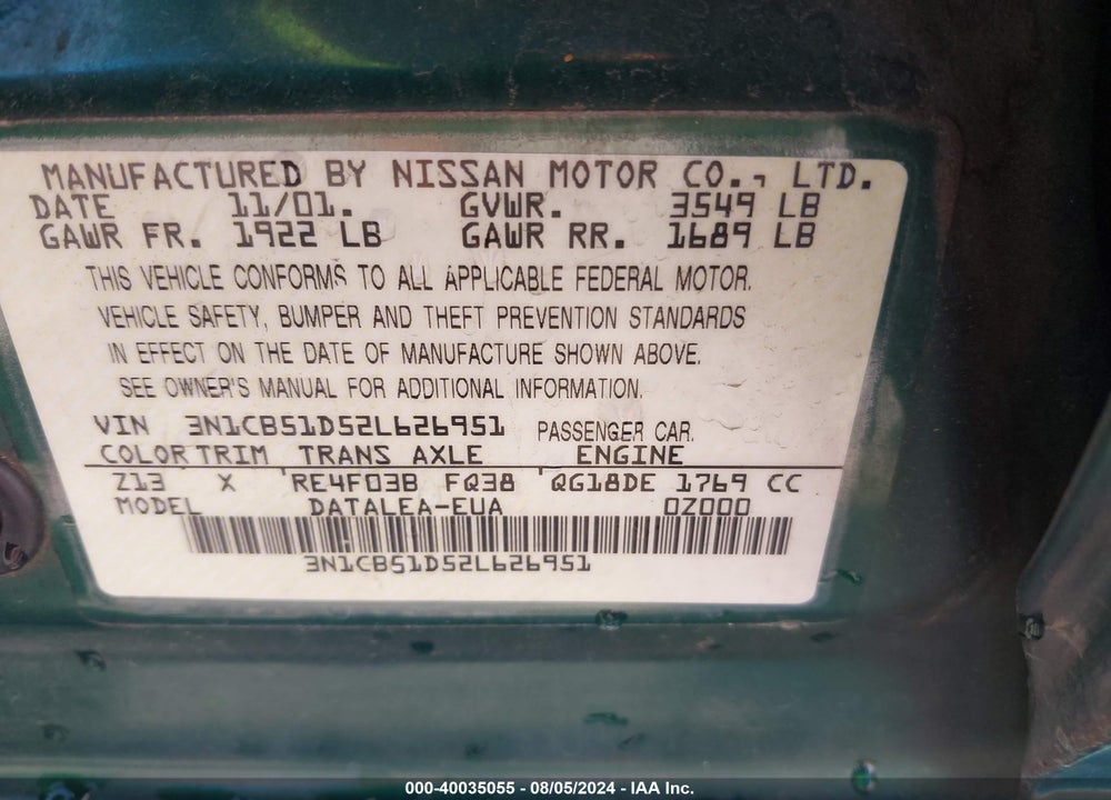 2002 NISSAN SENTRA GXE VIN: 3N1CB51D52L626951