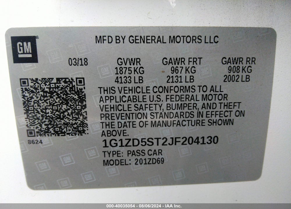 2018 CHEVROLET MALIBU LT VIN: 1G1ZD5ST2JF204130