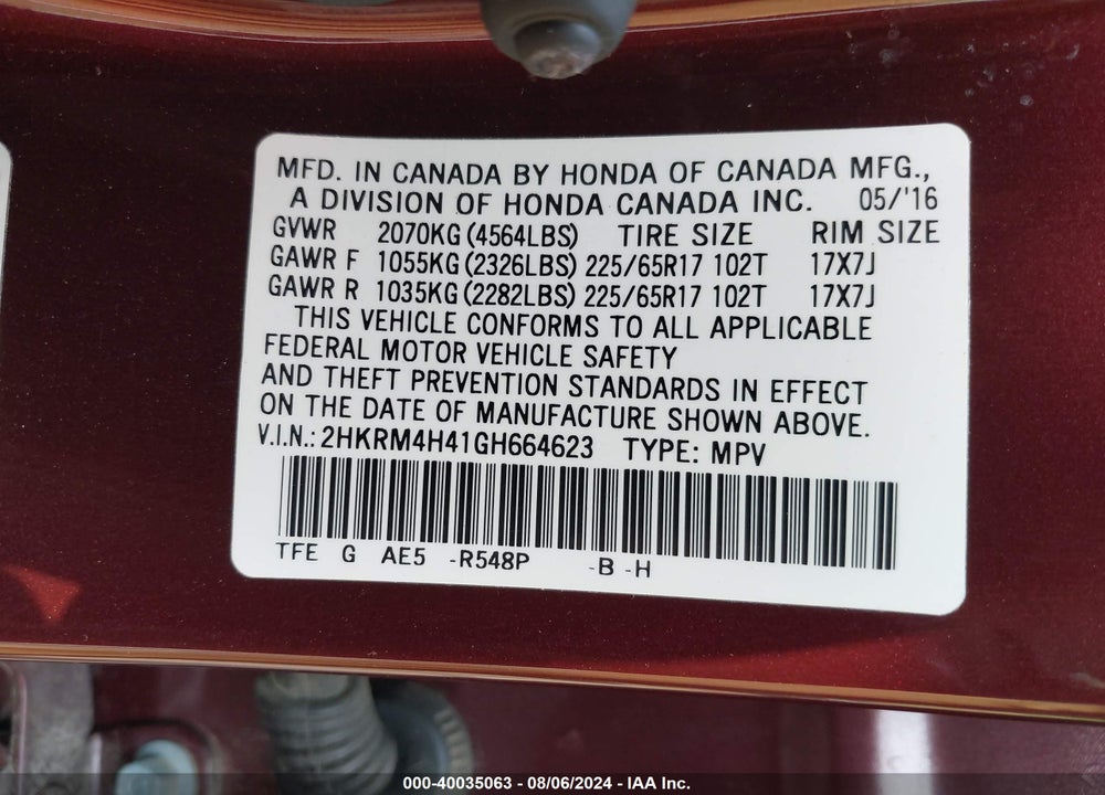 2016 HONDA CR-V SE VIN: 2HKRM4H41GH664623