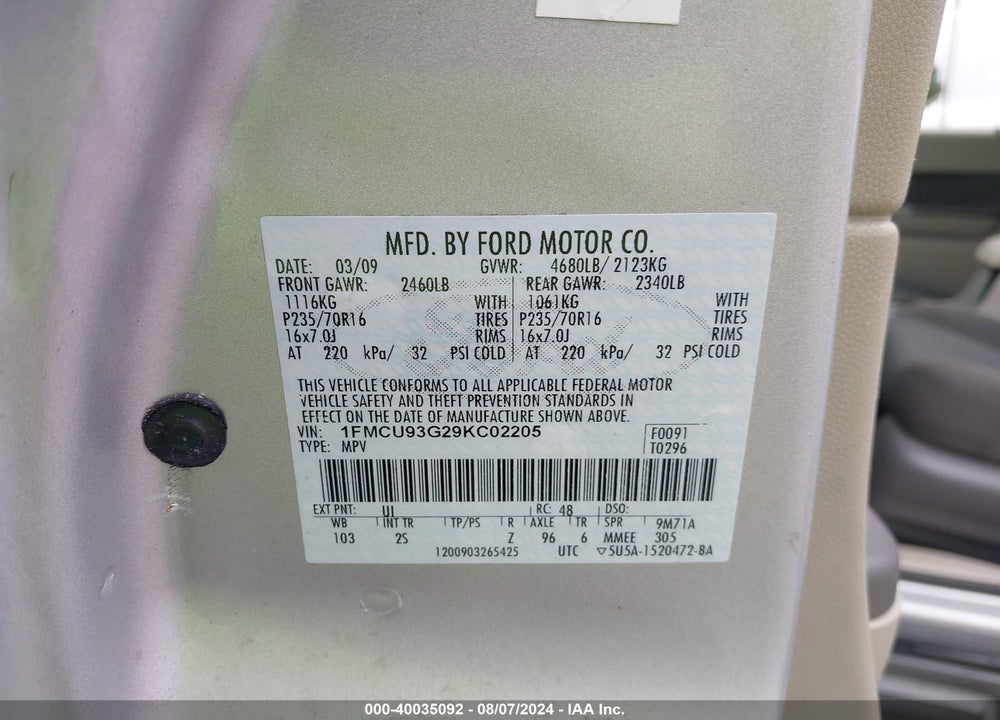 2009 FORD ESCAPE XLT VIN: 1FMCU93G29KC02205