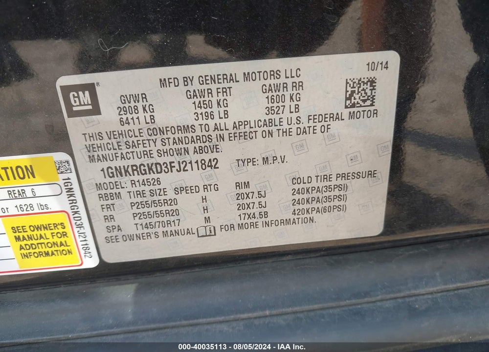 2015 CHEVROLET TRAVERSE 1LT VIN: 1GNKRGKD3FJ211842