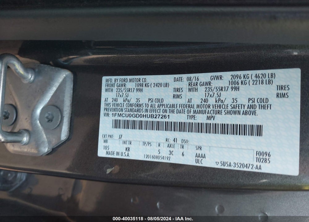 2017 FORD ESCAPE SE VIN: 1FMCU0GD0HUB27261