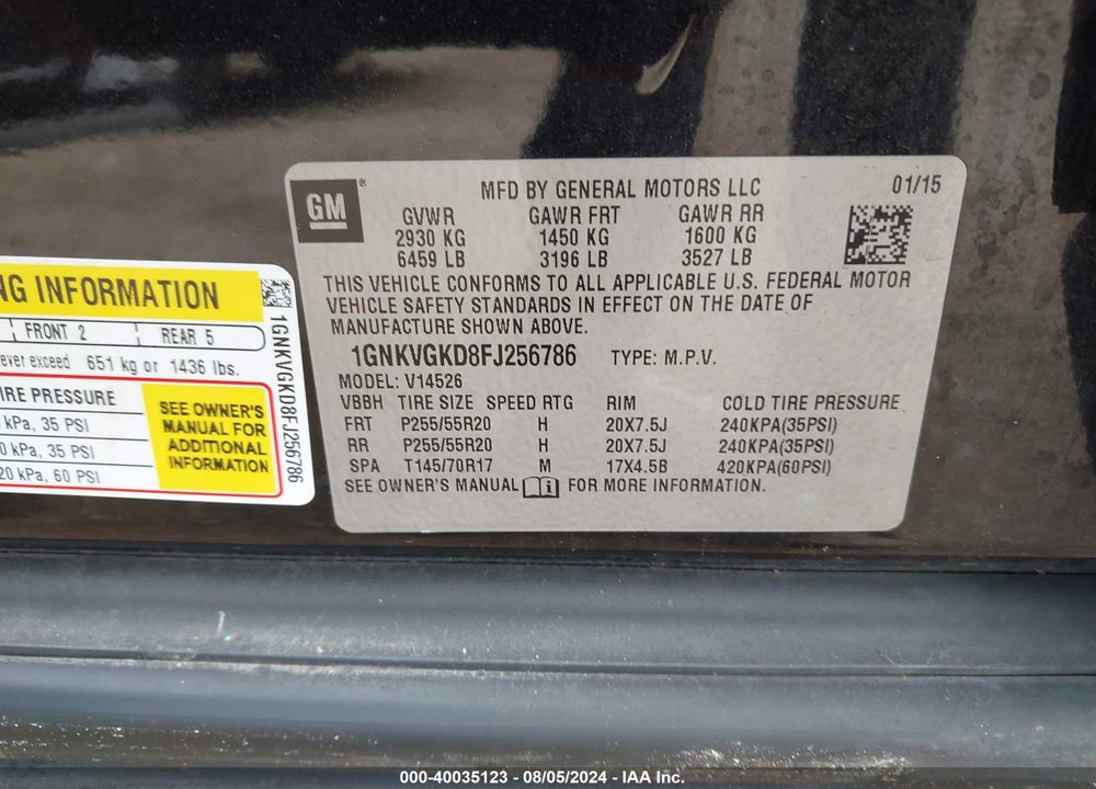 2015 CHEVROLET TRAVERSE 1LT VIN: 1GNKVGKD8FJ256786