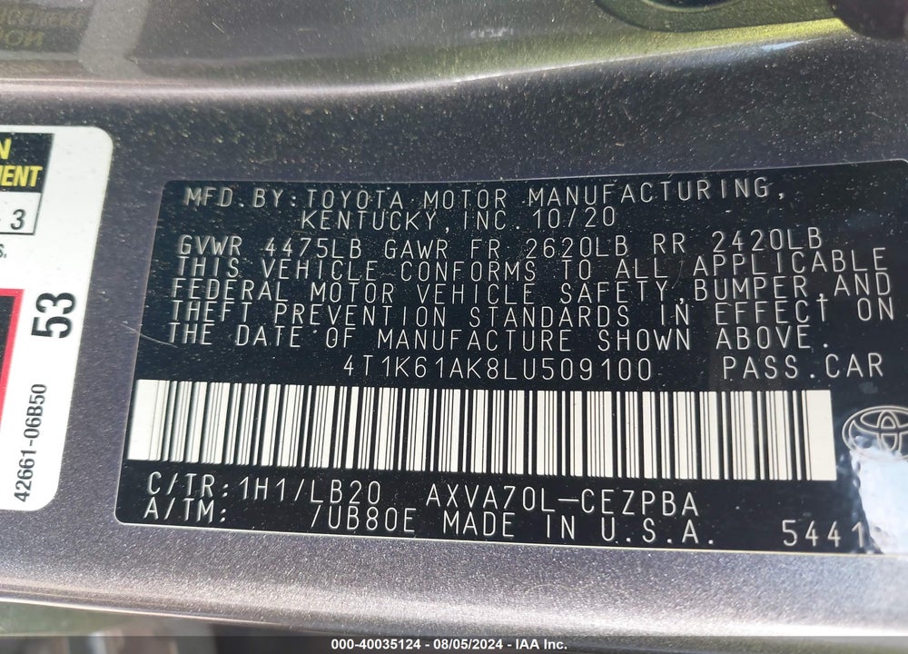 2020 TOYOTA CAMRY XSE VIN: 4T1K61AK8LU509100