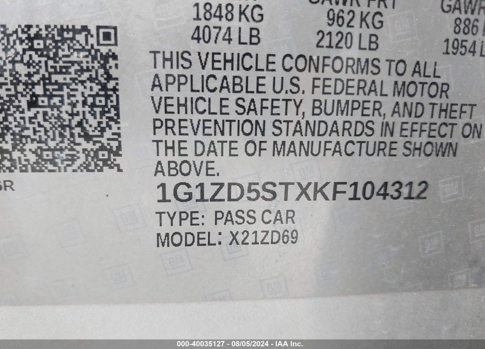 2019 CHEVROLET MALIBU LT VIN: 1G1ZD5STXKF104312