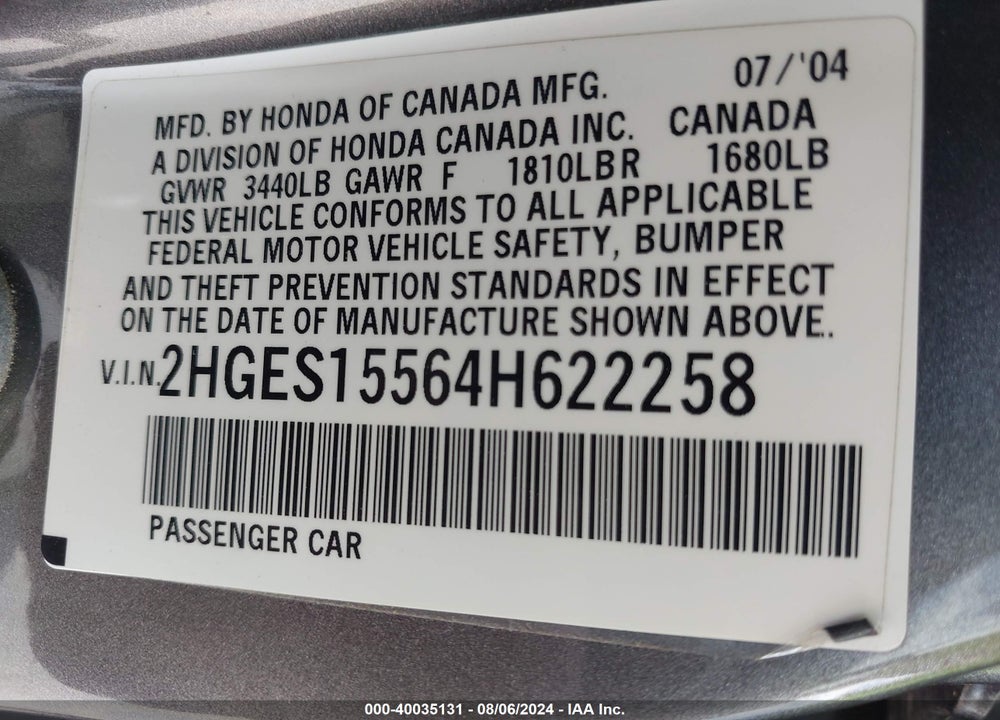 2004 HONDA CIVIC LX VIN: 2HGES15564H622258