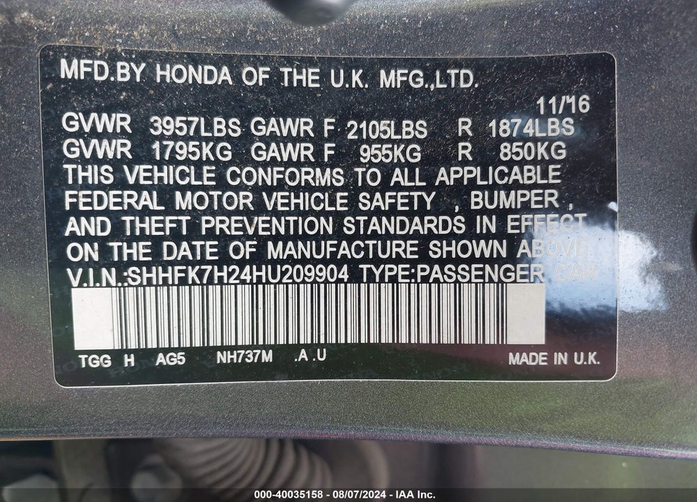 2017 HONDA CIVIC VIN: SHHFK7H24HU209904