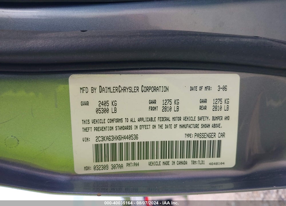 2006 CHRYSLER 300C VIN: 2C3KA63HX6H440536