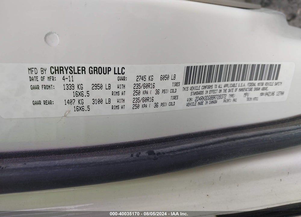 2011 DODGE GRAND CARAVAN MAINSTREET VIN: 2D4RN3DG8BR728372