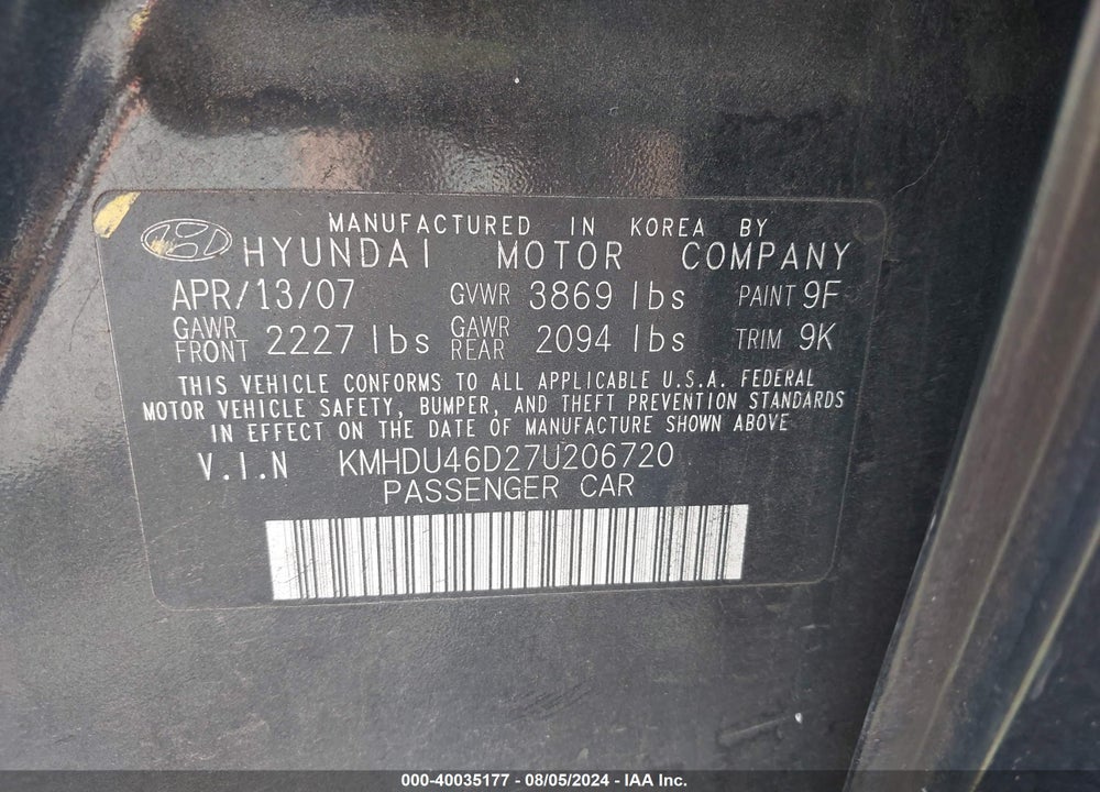 2007 HYUNDAI ELANTRA GLS/LIMITED/SE VIN: KMHDU46D27U206720