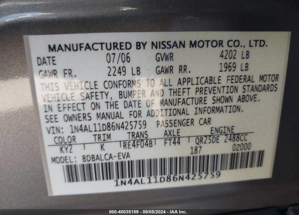 2006 NISSAN ALTIMA 2.5 S VIN: 1N4AL11D86N425759