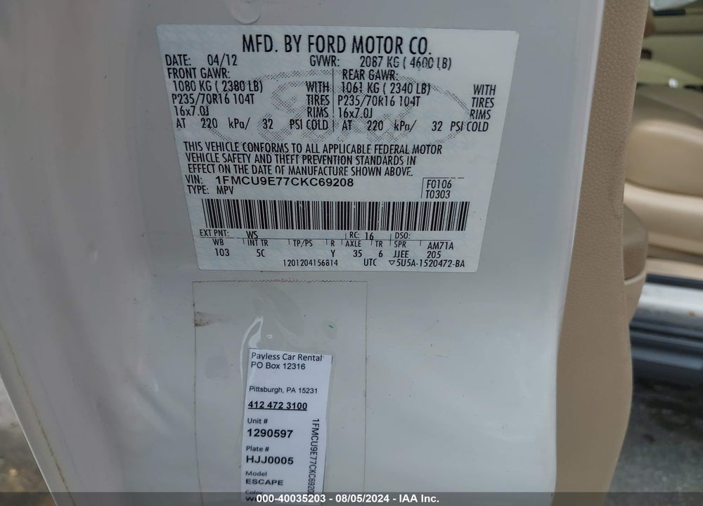 2012 FORD ESCAPE LIMITED VIN: 1FMCU9E77CKC69208