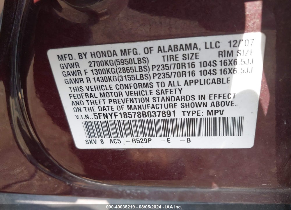 2008 HONDA PILOT EX-L VIN: 5FNYF18578B037891