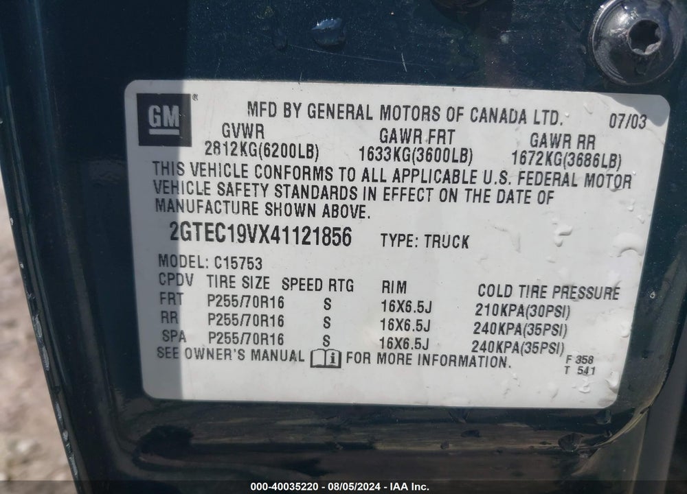 2004 GMC SIERRA 1500 SLE VIN: 2GTEC19VX41121856